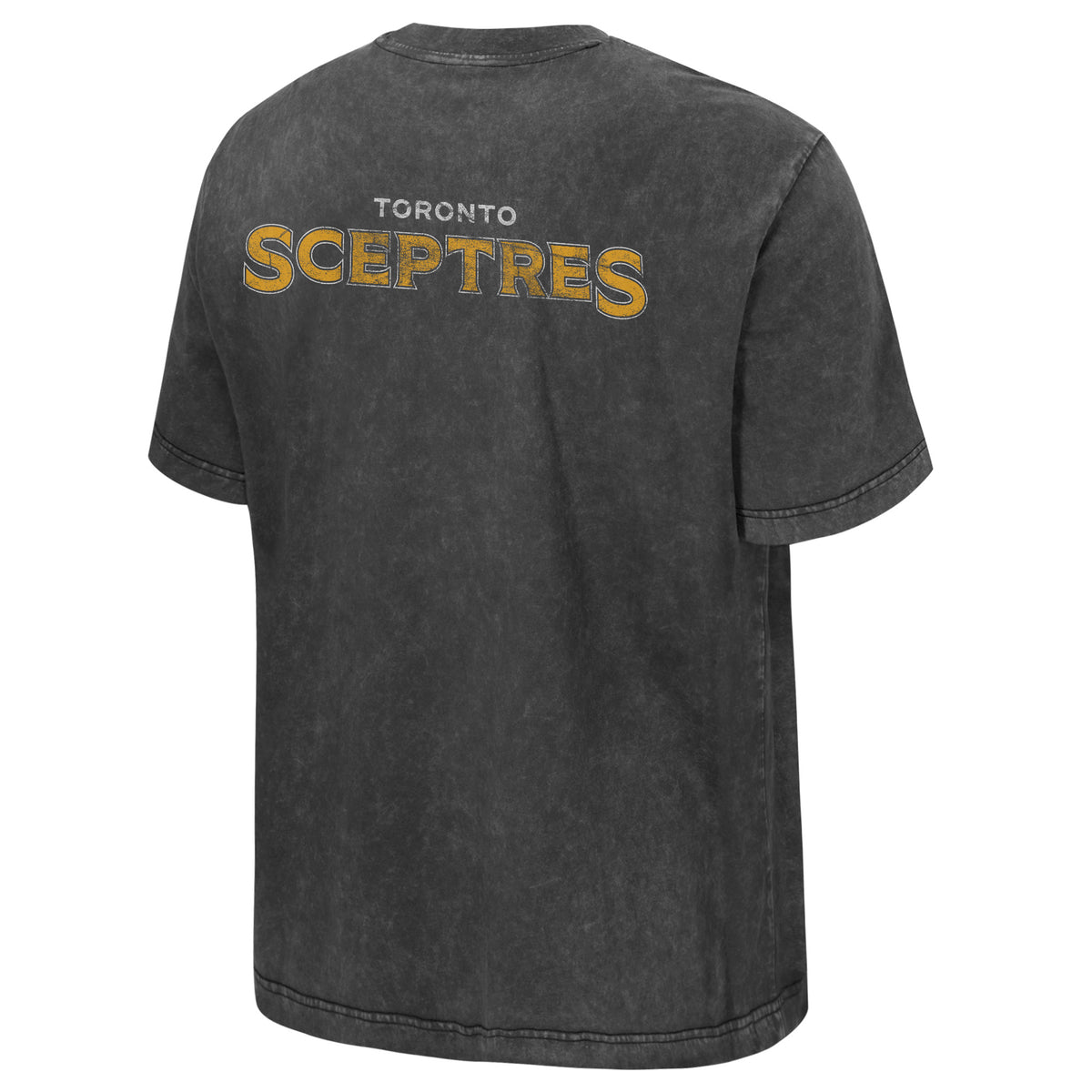 The back of a dark gray wash short sleeve shirt that has 'TORONTO' in white with 'SCEPTRES' in yellow below it. 