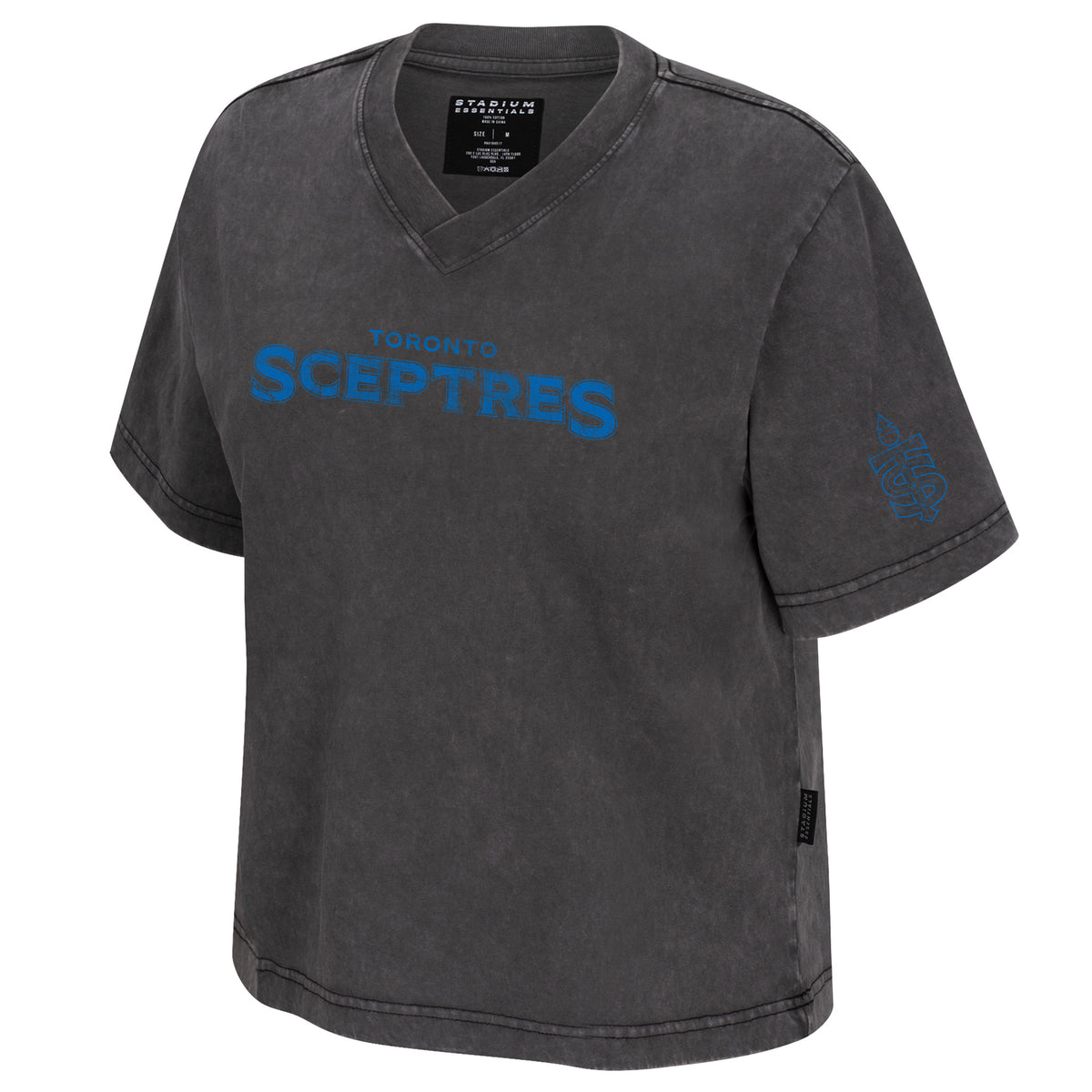 The front of a dark gray was short sleeve V-neck shirt. 'TORONTO SCEPTRES' is in blue across the front. The Toronto Sceptres logo is in blue in the left sleeve.