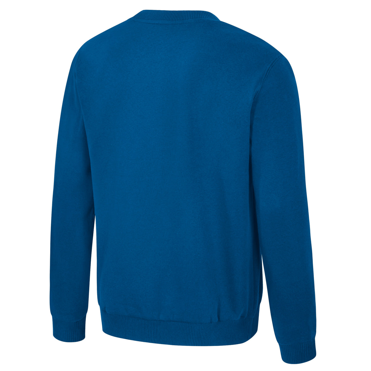 The back of a blue crew neck Vancouver Goldeneyes crew neck sweatshirt. The collar, cuffs, and bottom have ribbed detailing.