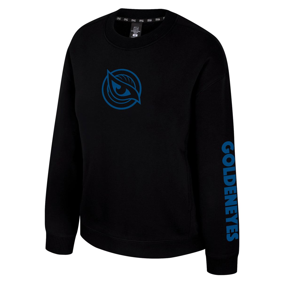 The front of a black crew neck sweatshirt with ribbed collar, cuffs and bottom band. A blue mono-color Vancouver Goldeneyes logo is in the center of the chest with 'GOLDENEYES' along the left sleeve.