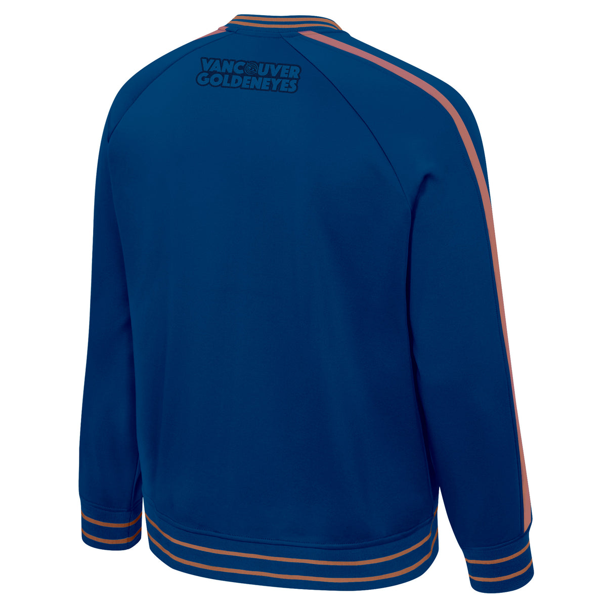 The back of a blue full zip jacket featuring two tan stripes along the blue cuffs on the collar, sleeves, and bottom. Two tan stripes also run vertically up the arms and shoulders reaching from the collar to the cuff. On the back beneath the collar reads 'VANCOUVER GOLDENEYES' in outlined black letters with the Vancouver Goldeneyes logo as the 'O' in Vancouver. 