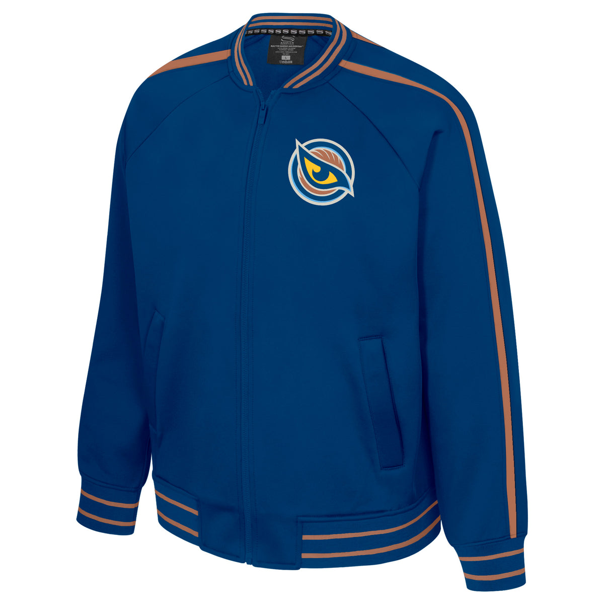 The front of a blue full zip jacket featuring two tan stripes along the blue cuffs on the collar, sleeves, and bottom. Two tan stripes also run vertically up the arms and shoulders reaching from the collar to the cuff. The Vancouver Goldeneyes logo sits on the right chest. 