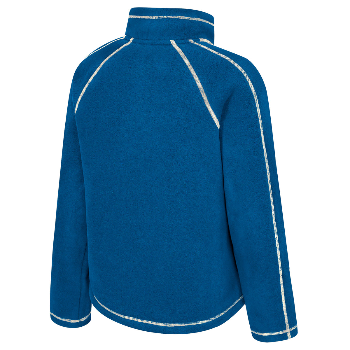 The back of a blue Vancouver Goldeneyes full-zip fleece jacket with white stitched seams along the arms, shoulders, and collar. 