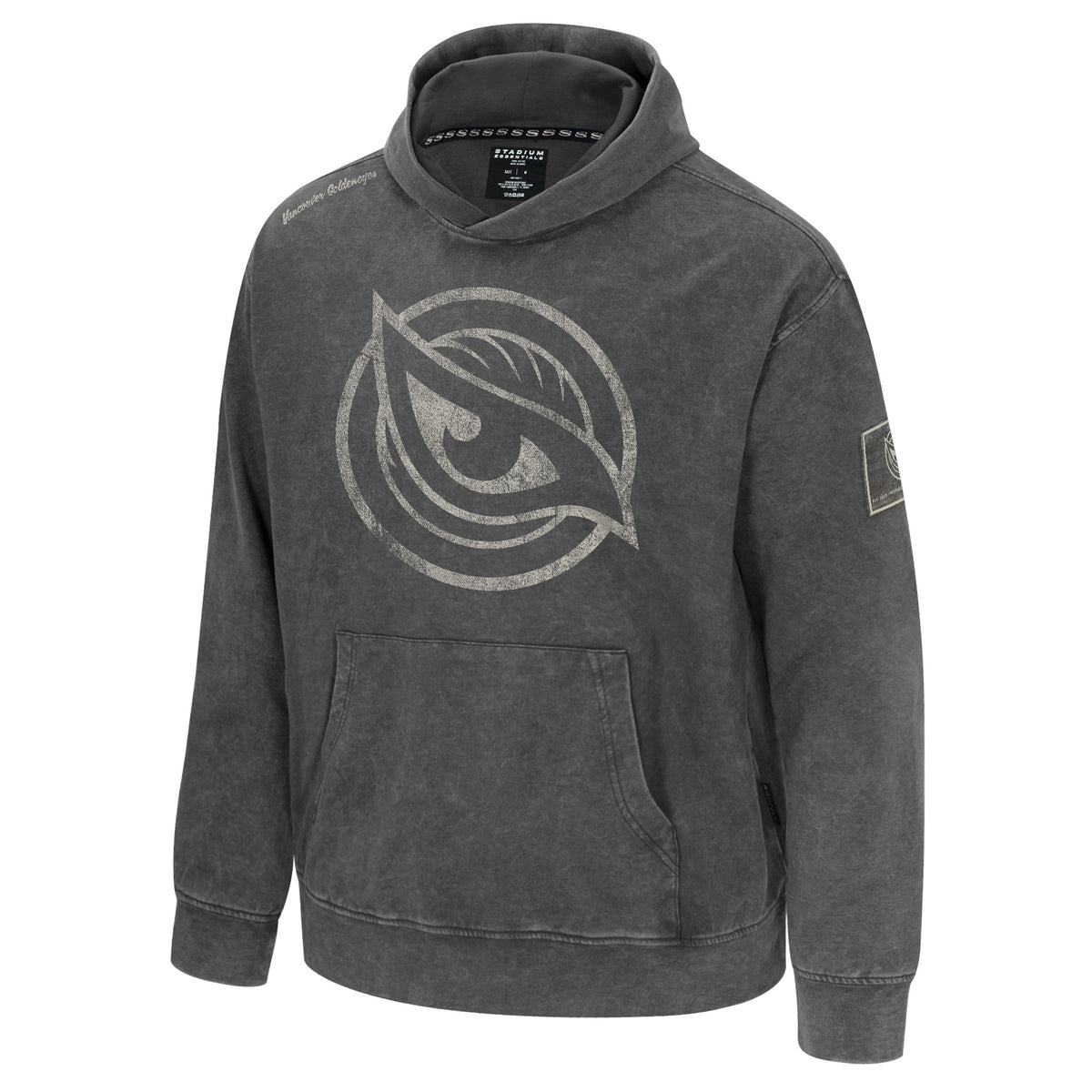 The front of a dark gray wash hooded sweatshirt with a large white mono-color Vancouver Goldeneyes logo at the center of the chest. 'Vancouver Goldeneyes' is in cursive on top of the right shoulder and a dark gray wash patch on the left arm containing the Vancouver Goldeneyes logo. 