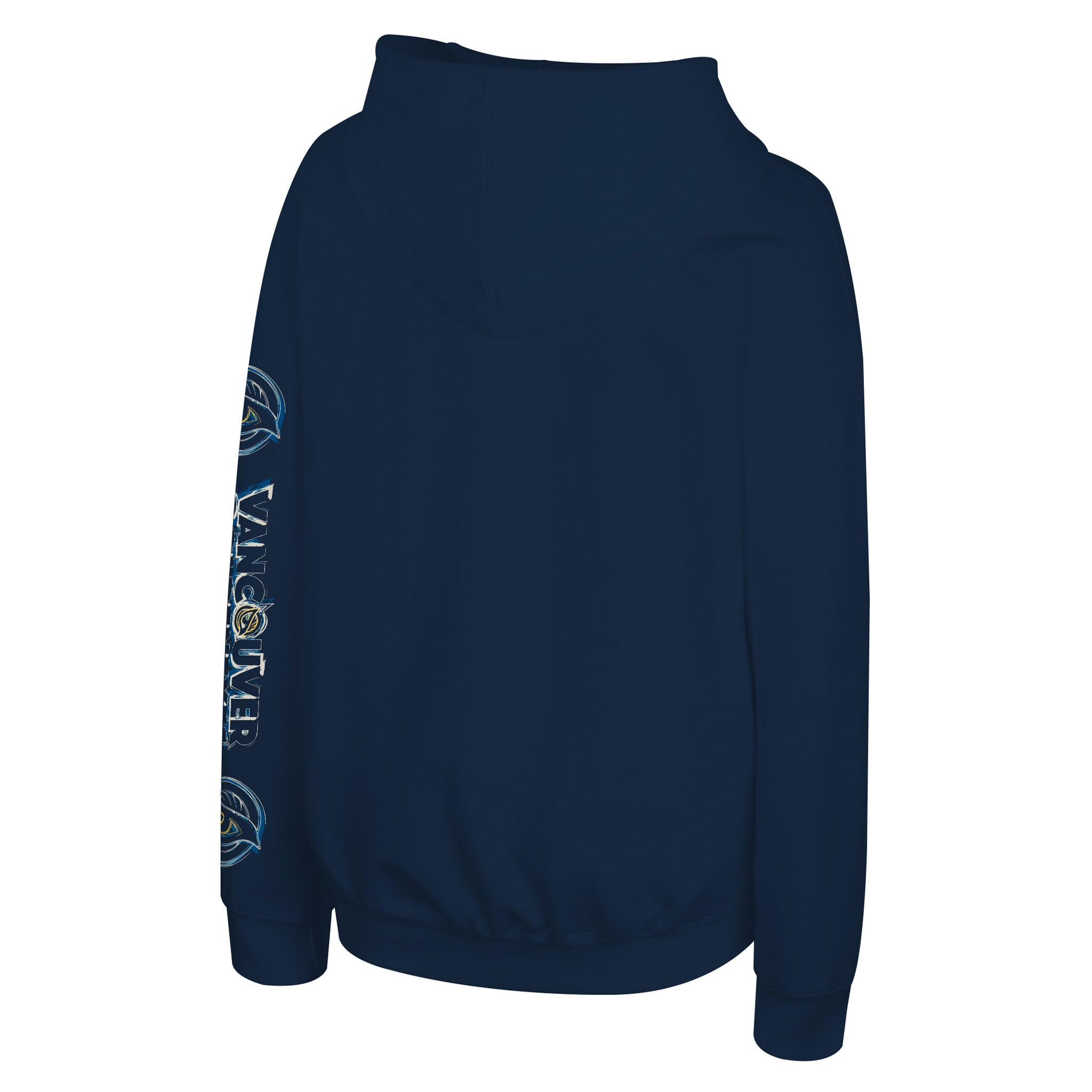 A navy blue pullover hoodie shown from the back, featuring a high collar and a vertical graphic print on the left sleeve with the text 'VANCOUVER' and a stylized emblem.