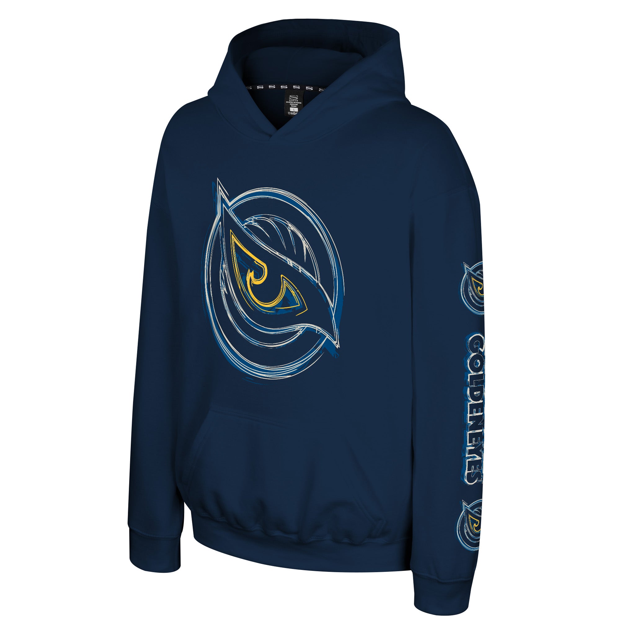 A navy blue pullover hoodie featuring the Vancouver Goldeneyes PWHL logo on the front and sleeve, shown against a plain white background.