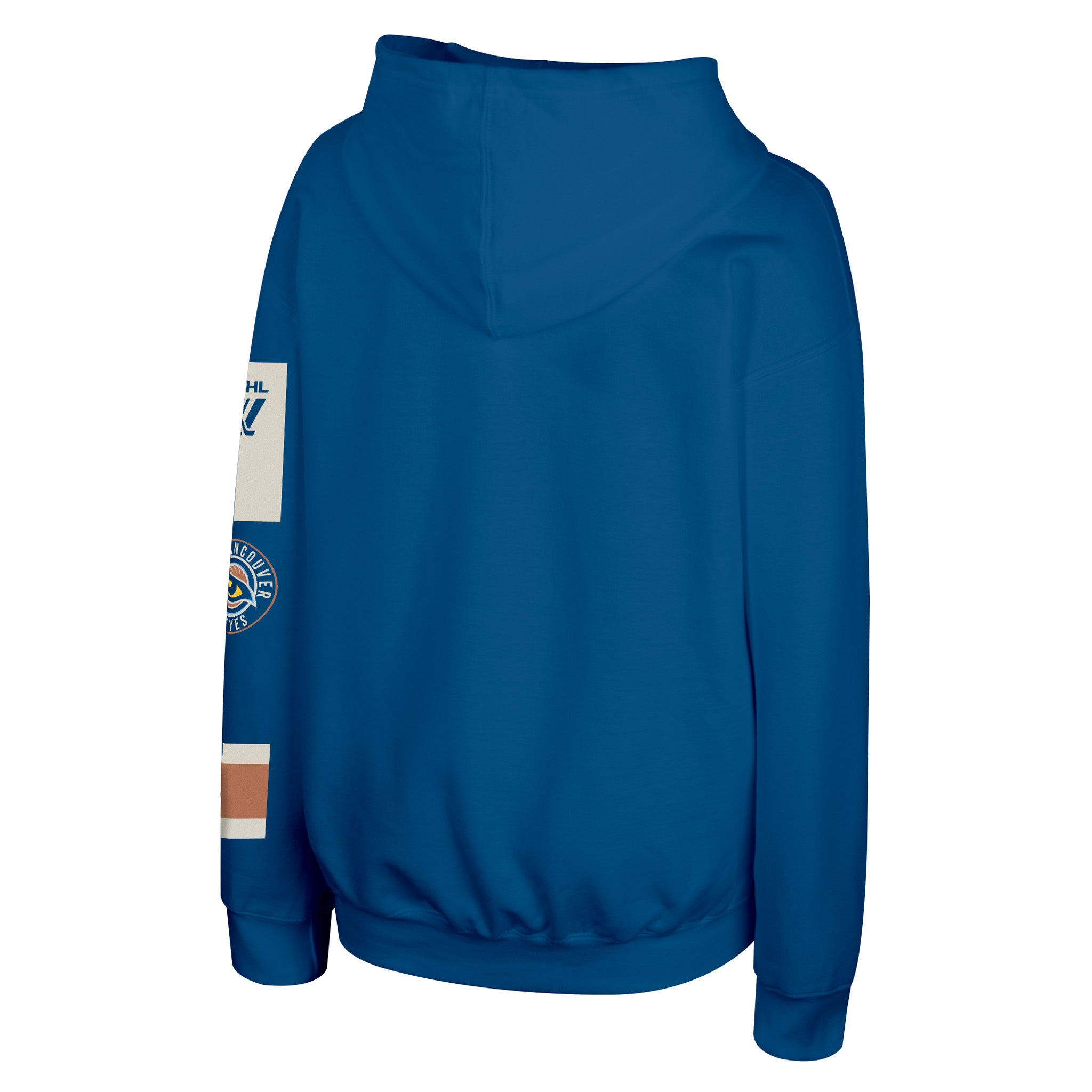 A royal blue pullover hoodie shown from the back, featuring a white sleeve patch with a blue graphic and text, and a circular team-style patch on the lower sleeve.