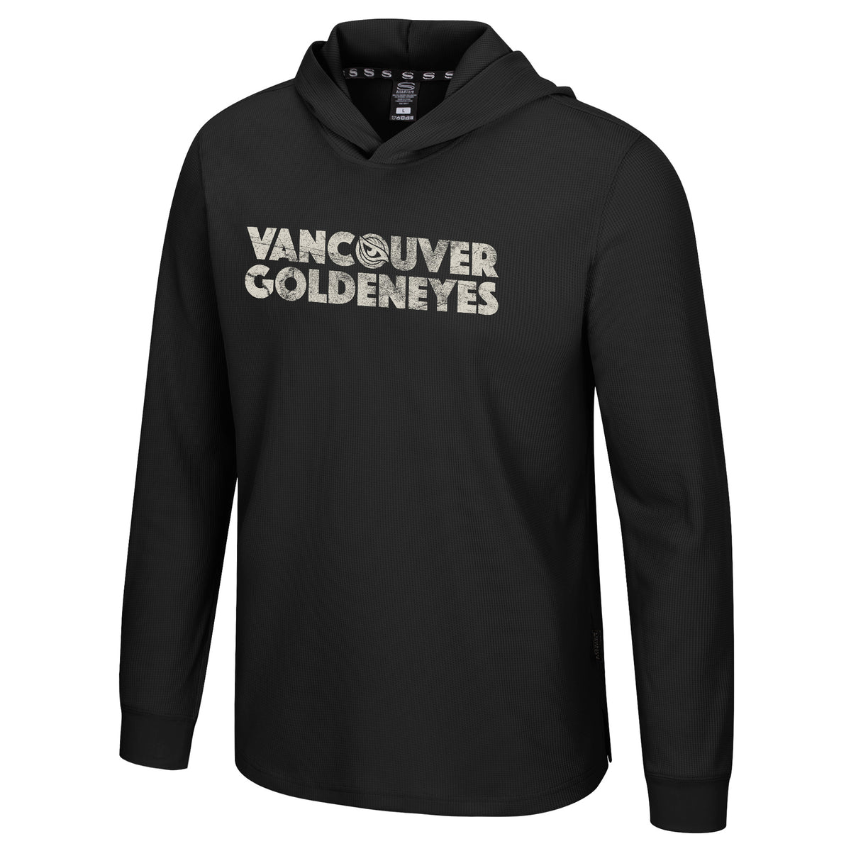 The front of a black thermal hoodie with 'VANCOUVER GOLDENEYES' across the chest in white. The Vancouver Goldeneyes logo is in the place of the O' in Vancouver. 