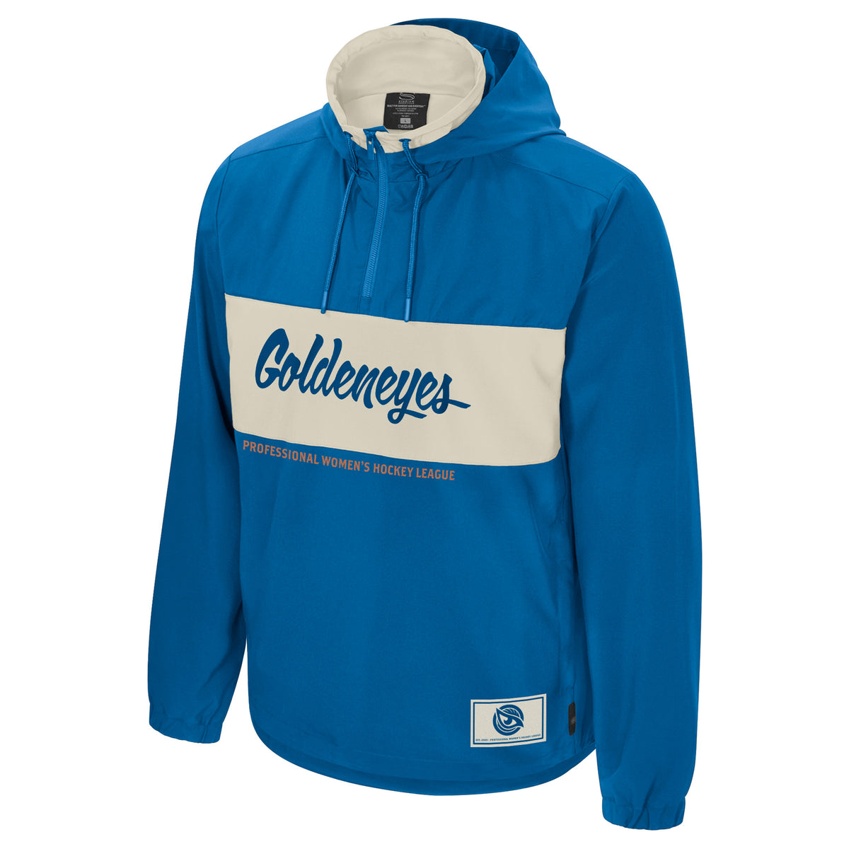 The front of a hooded blue quarter zip, complimented by a cream inner collar and large stripe across the chest containing 'Goldeneyes' in blue cursive lettering. The words 'PROFESSIONAL WOMEN'S HOCKEY LEAGUE' in tan are printed in one line below the cream stripe. In the bottom left corner is a cream rectangle with a blue mono-color Vancouver Goldeneyes logo inside it. 