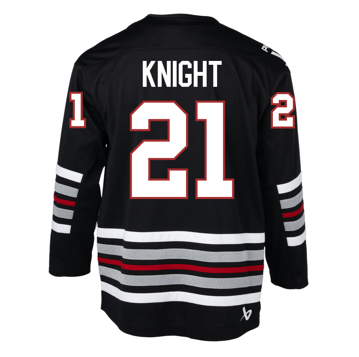 Back of a black jersey with red, white, and shimmering silver stripes on the sleeves and bottom hem. 'KNIGHT' is in white across the shoulder blades. '21' is in white with red outlining in the back and on each sleeve. A white PWHL logo is on the right shoulder and a white Bauer logo is above the bottom right hem. 