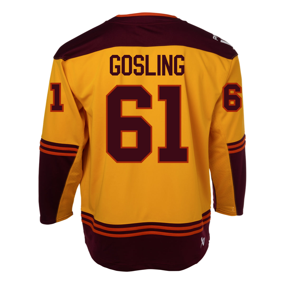 Back of a gold jersey with maroon shoulder caps. Maroon color blocking on the sleeves and bottom hem with orange stipes on top. 'GOSLING' is in maroon across the shoulder blades. '61' in maroon with orange outlining is on the back and each sleeve. A white PWHL logo is on the right shoulder and a white Bauer logo is above the bottom right hem. 