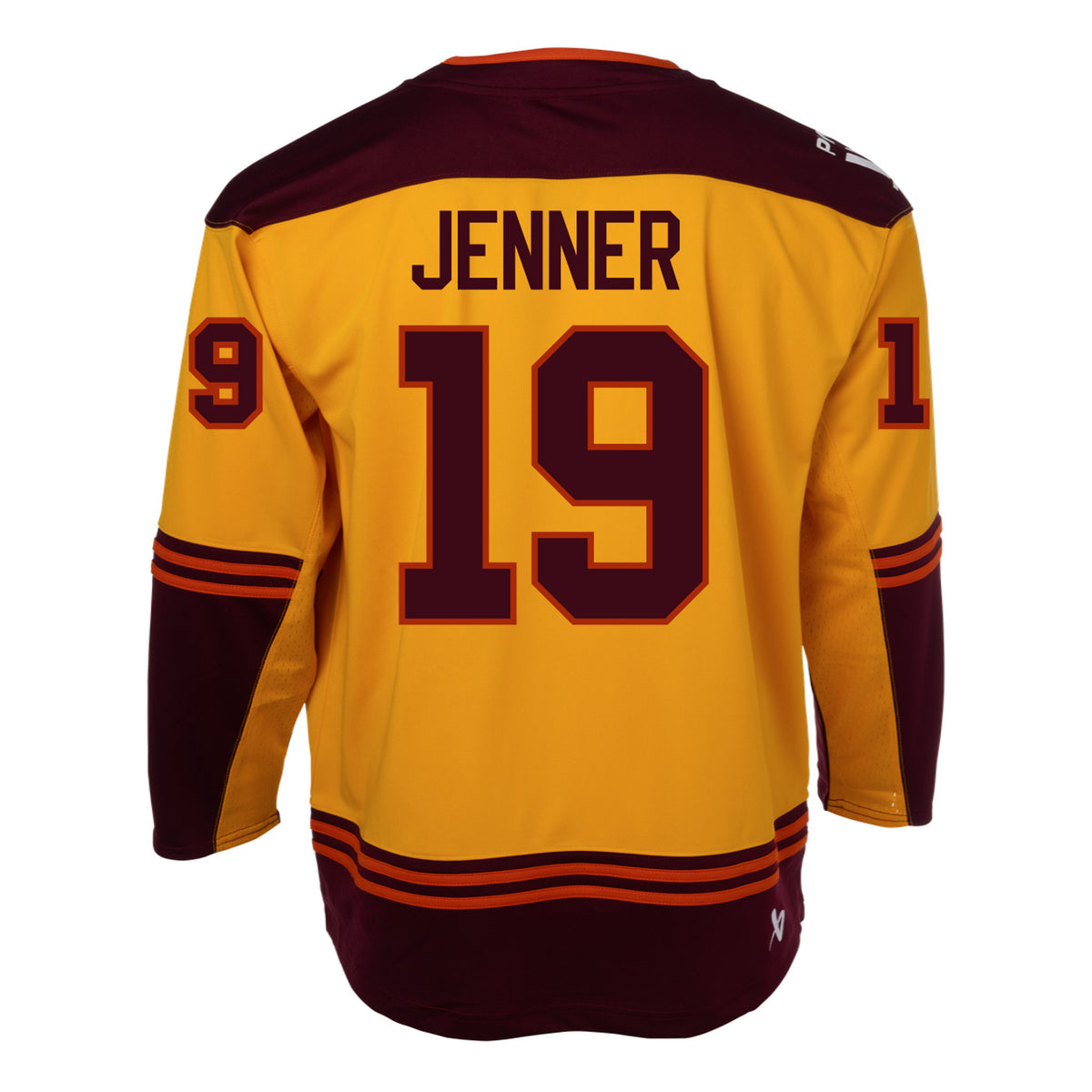 Back of a gold jersey with maroon shoulder caps. Maroon color blocking on the sleeves and bottom hem with orange stipes on top. 'JENNER' is in maroon across the shoulder blades. '19' in maroon with orange outlining is on the back and each sleeve. A white PWHL logo is on the right shoulder and a white Bauer logo is above the bottom right hem. 