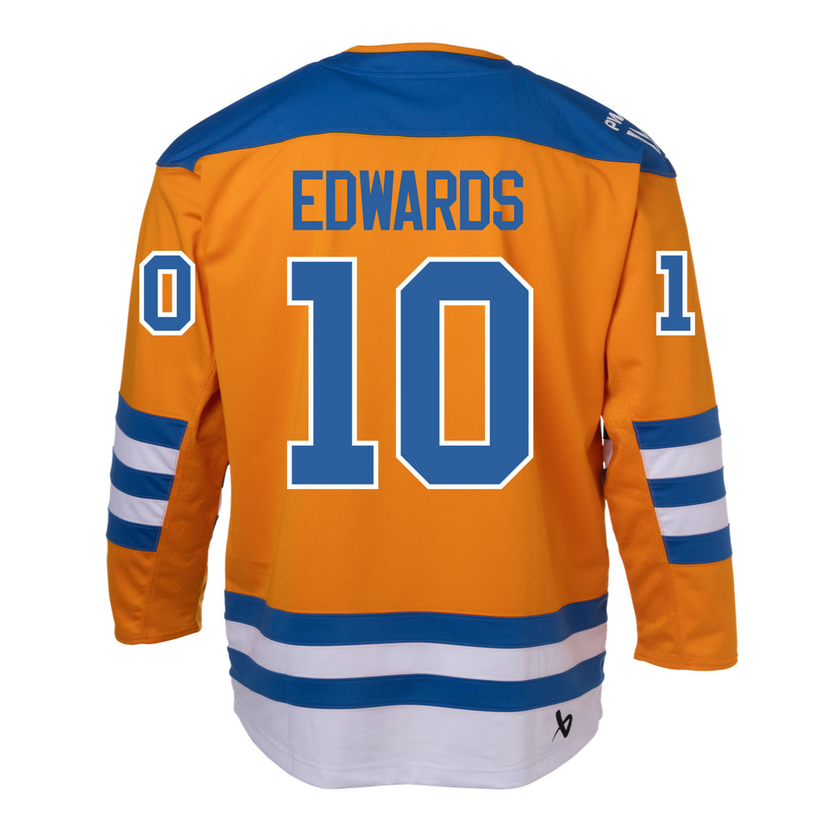 Back of an orange jersey with blue shoulder caps and blue and white stripes along the sleeves and bottom hem. 'EDWARDS' is in blue across the shoulder blades with '10' in blue outlined in white on the back and sleeves. A white PWHL logo is on the right shoulder and a black Bauer logo is above the bottom right hem. 