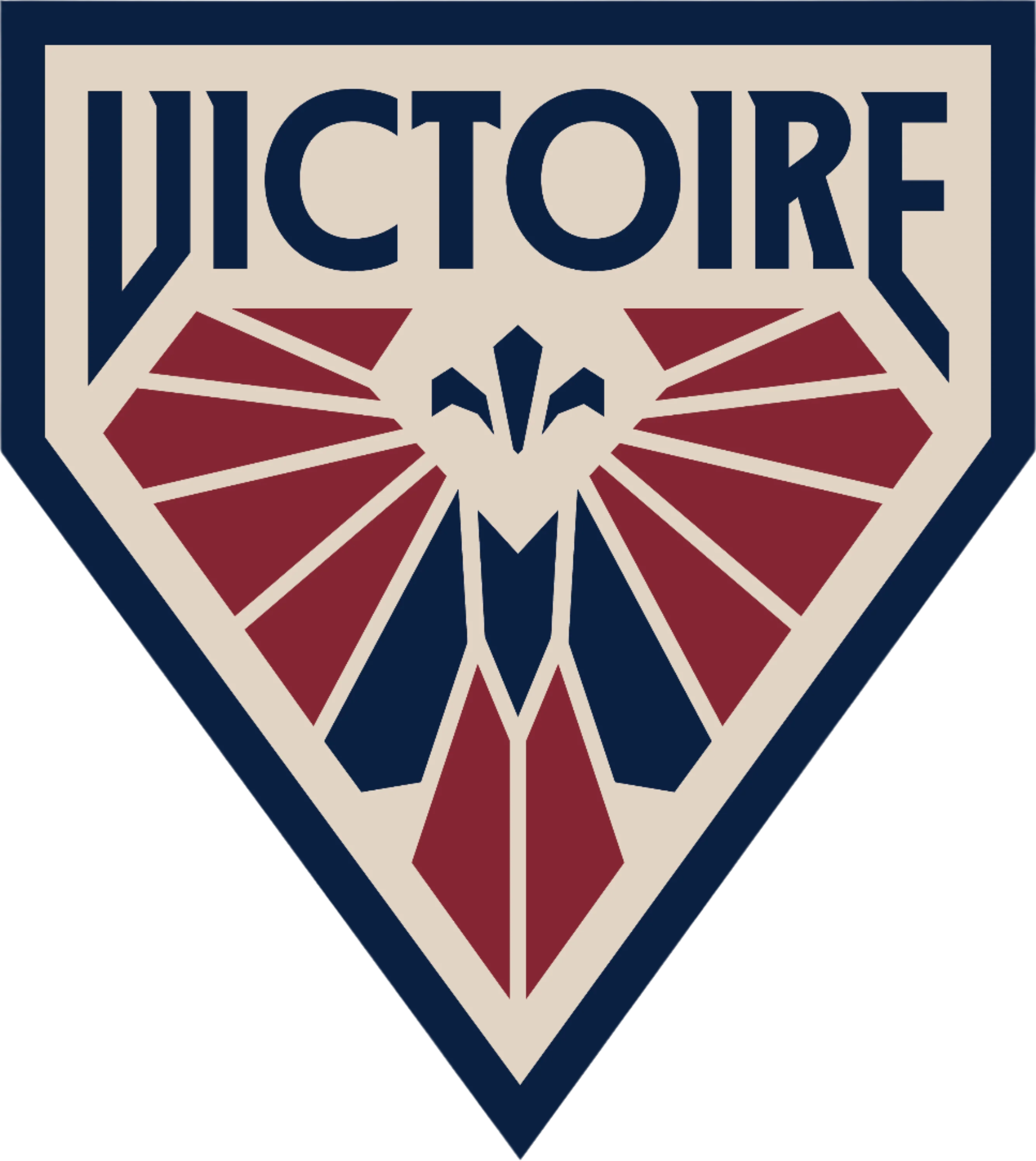 Logo with the word 'VICTOIRE' and a stylized design in red and blue on a beige background